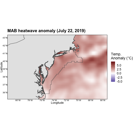 Maximum intensity heatwave anomaly in the Mid-Atlantic Bight occurring on July 22, 2019.