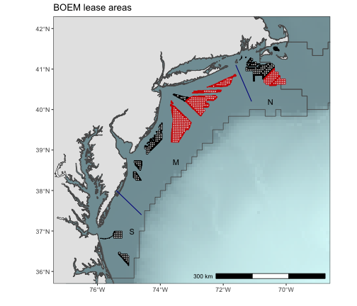 Map of BOEM existing (black) and proposed (red) lease areas in North (N), Mid (M) and South (S) portions of the coast as of February 2019.