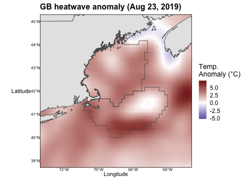 Maximum intensity heatwave anomaly on Georges Bank occurring on August 23, 2019.