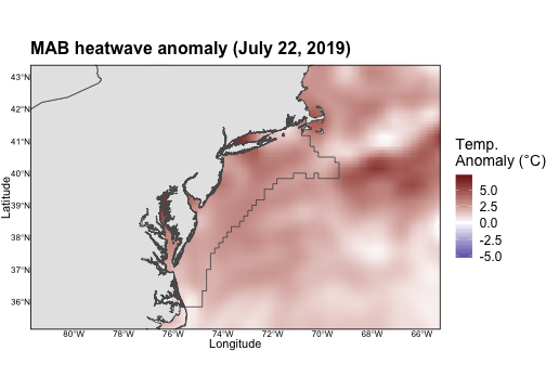Maximum intensity heatwave anomaly in the Mid-Atlantic Bight occurring on July 22, 2019.