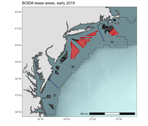 Map of BOEM existing (black) and proposed (red) lease areas in North (N), Mid (M) and South (S) portions of the coast as of February 2019.