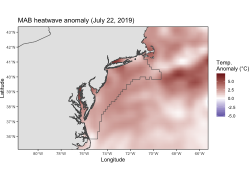 Maximum intensity heatwave anomaly in the Mid-Atlantic Bight occurring on July 22, 2019.