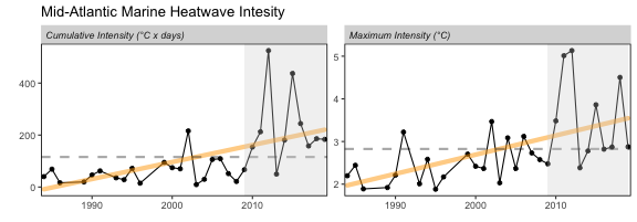 Marine heatwave cumulative intensity (left) and maximum intensity (right) in the Mid-Atlantic Bight.