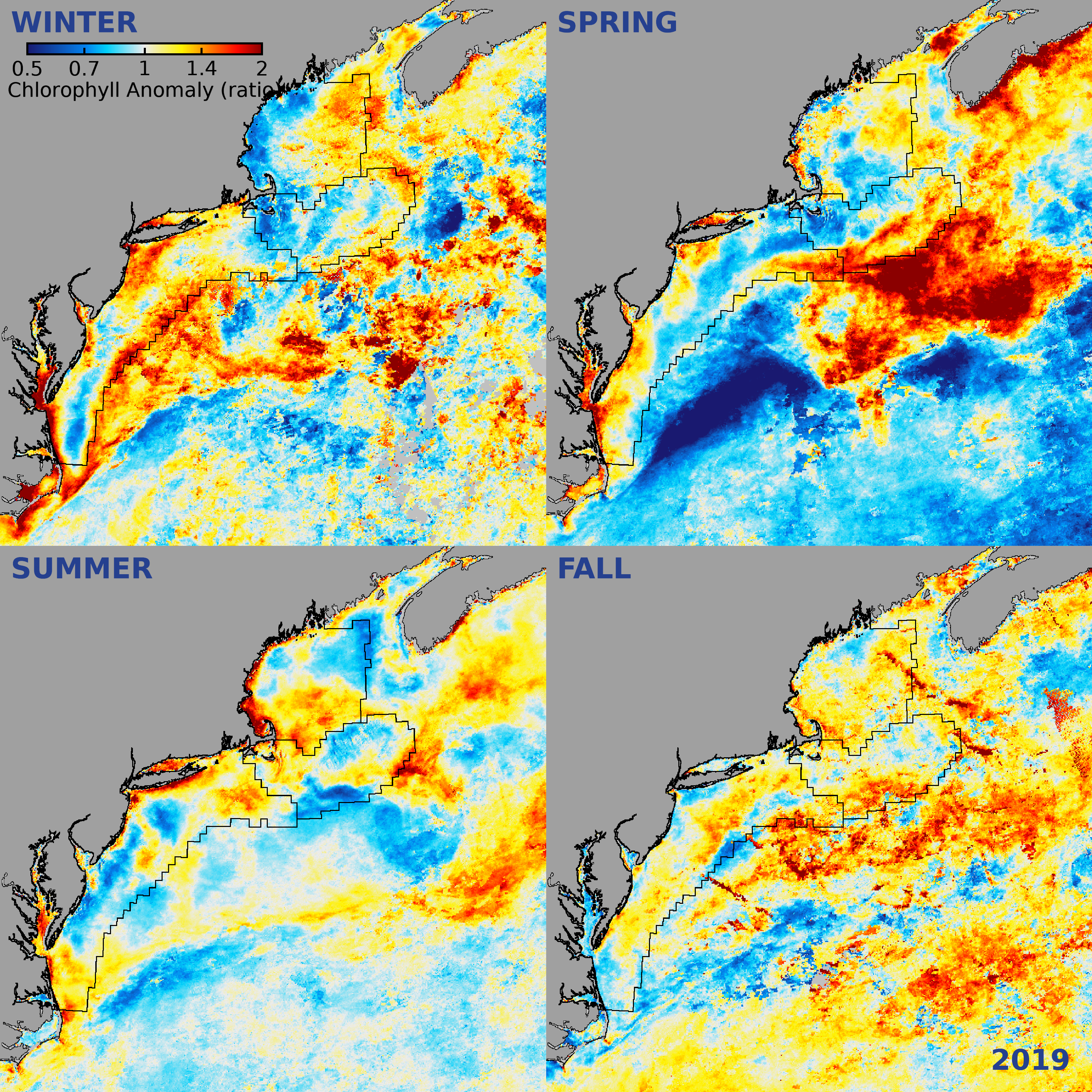 :img Map of 2019 chlorophyll a anomalies by season from satellite data, 100%