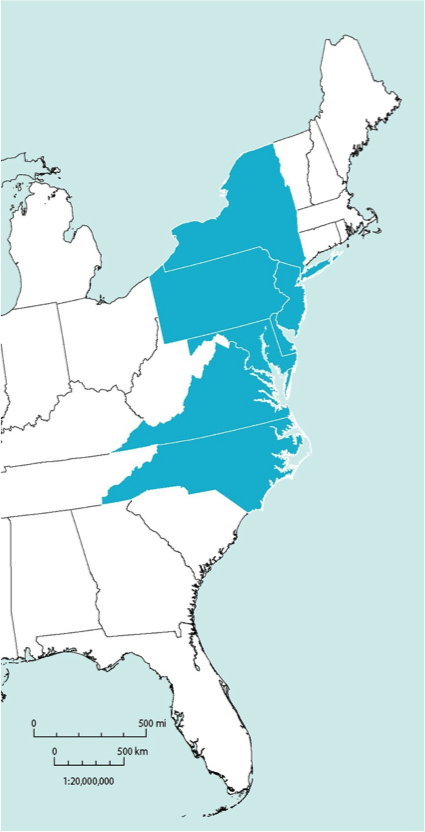 US East Coast map highlighting Mid-Atlantic council jurisdiction