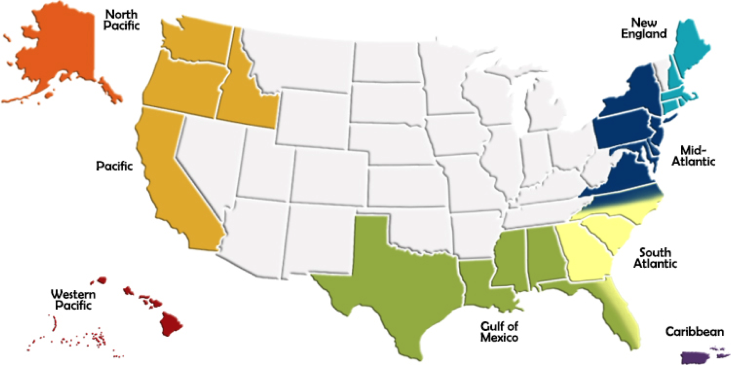 US map highlighting regions for each fishery management council