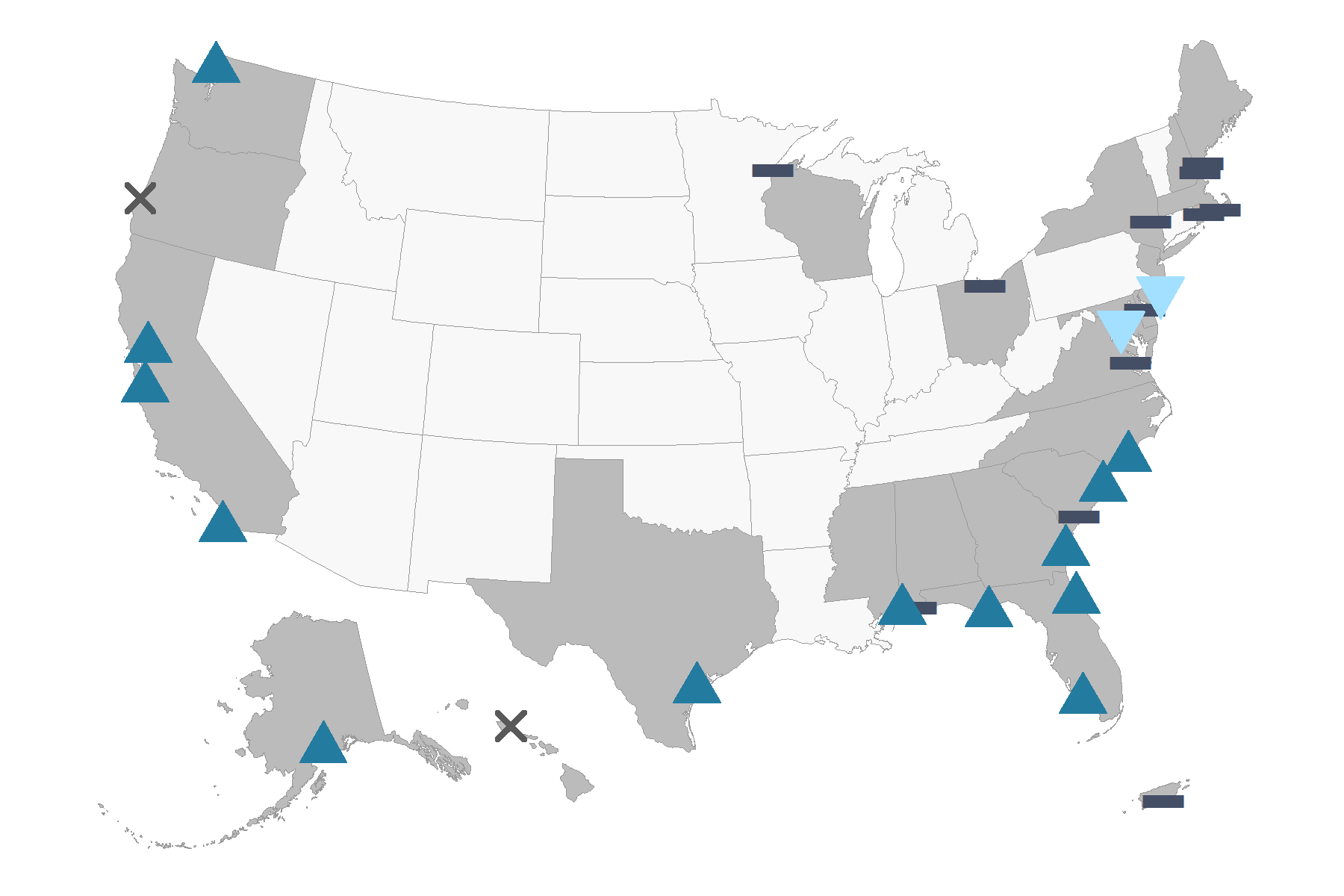 :img Map for status of an example indicator across all National Esturarine Research Reserves, Triangle pointing up = increasing trend; Triangle pointing down = decreasing trend, Flat line = no trend.
